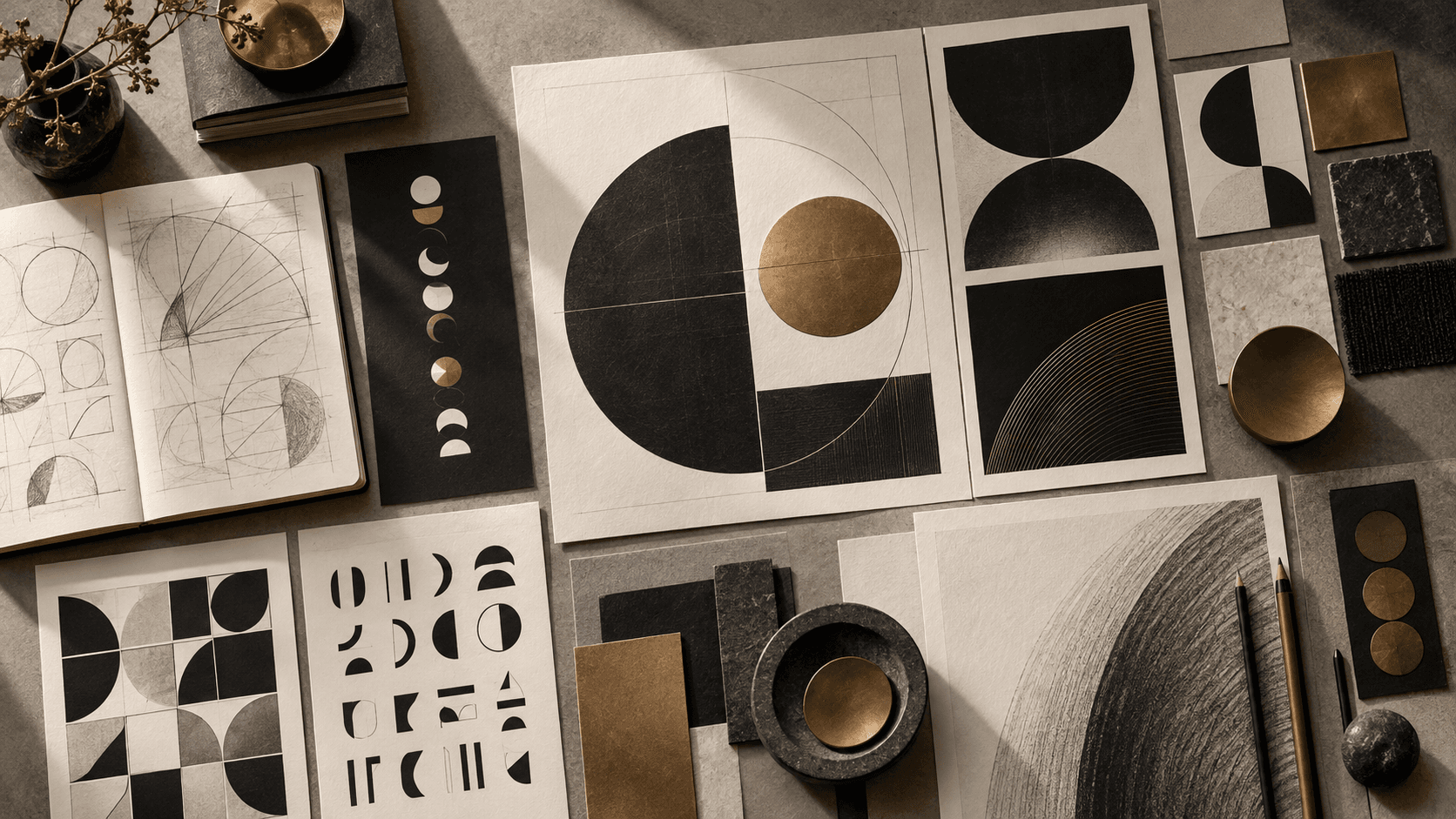 Illustrative design desk with generic geometric identity sketches, circles, arcs, grids and material swatches; not EnSphere artwork.