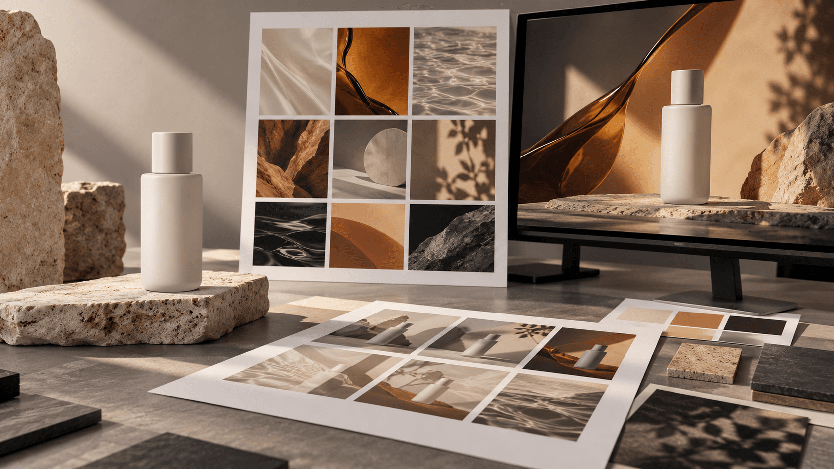 Illustrative production desk with an unbranded physical product, moodboards and a matching draft campaign visual on a monitor.