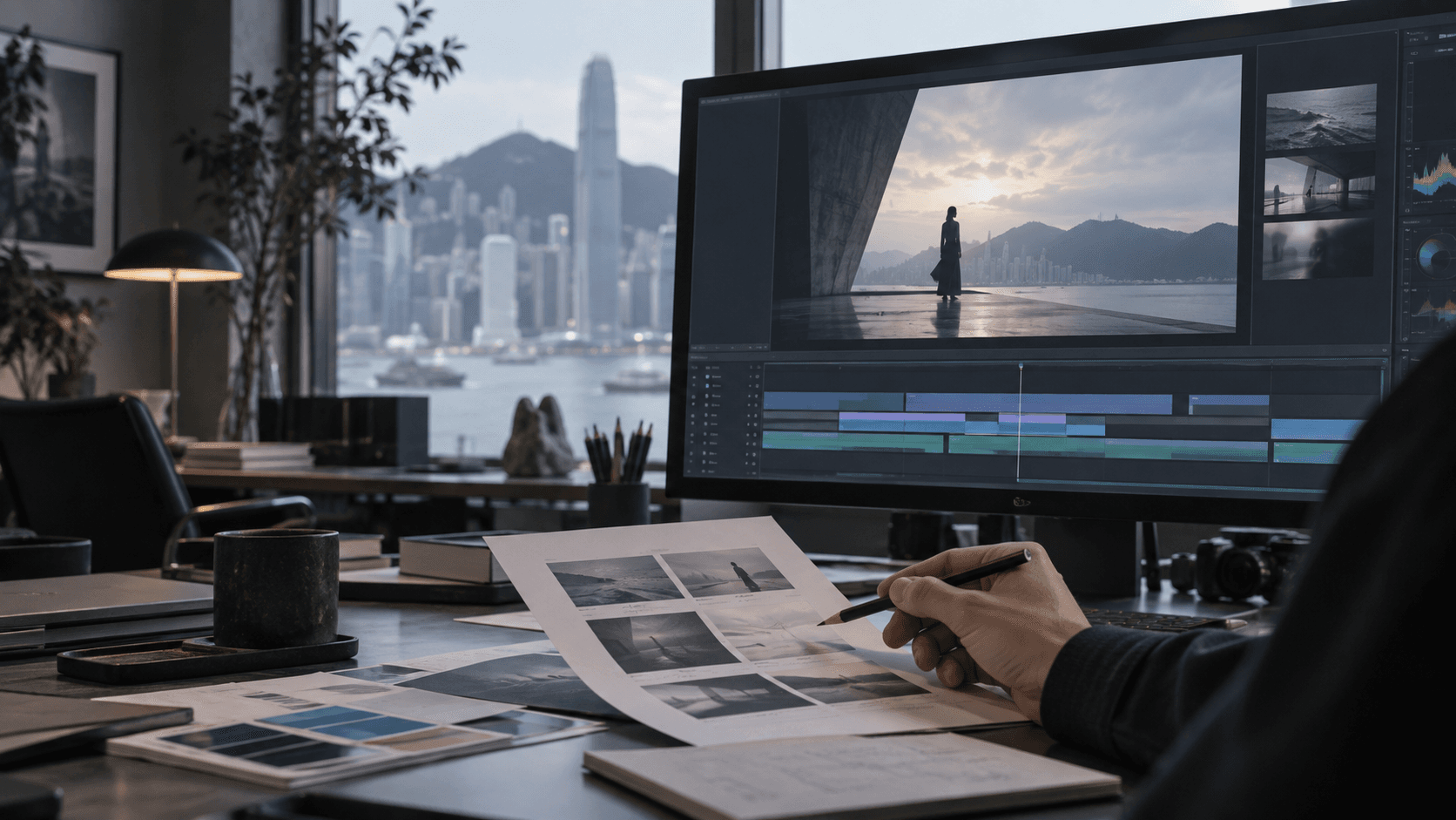 Illustrative editing suite with a paused film, production timeline and printed review sheet.
