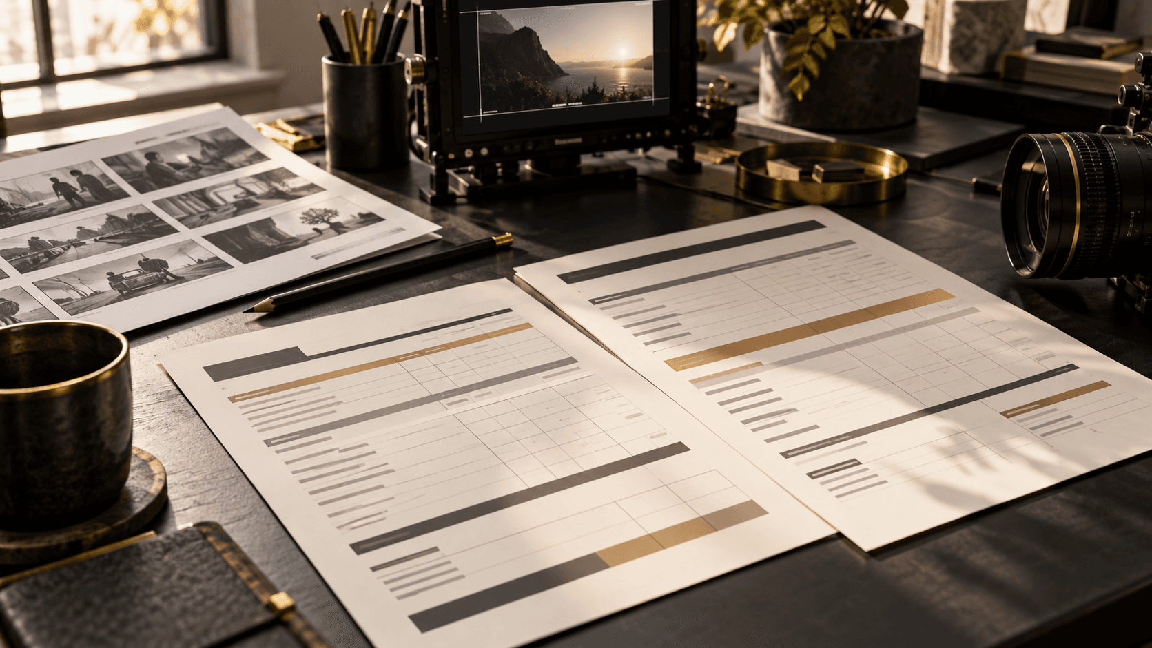 Illustrative studio desk with two production estimate sheets, a storyboard contact sheet and camera equipment.