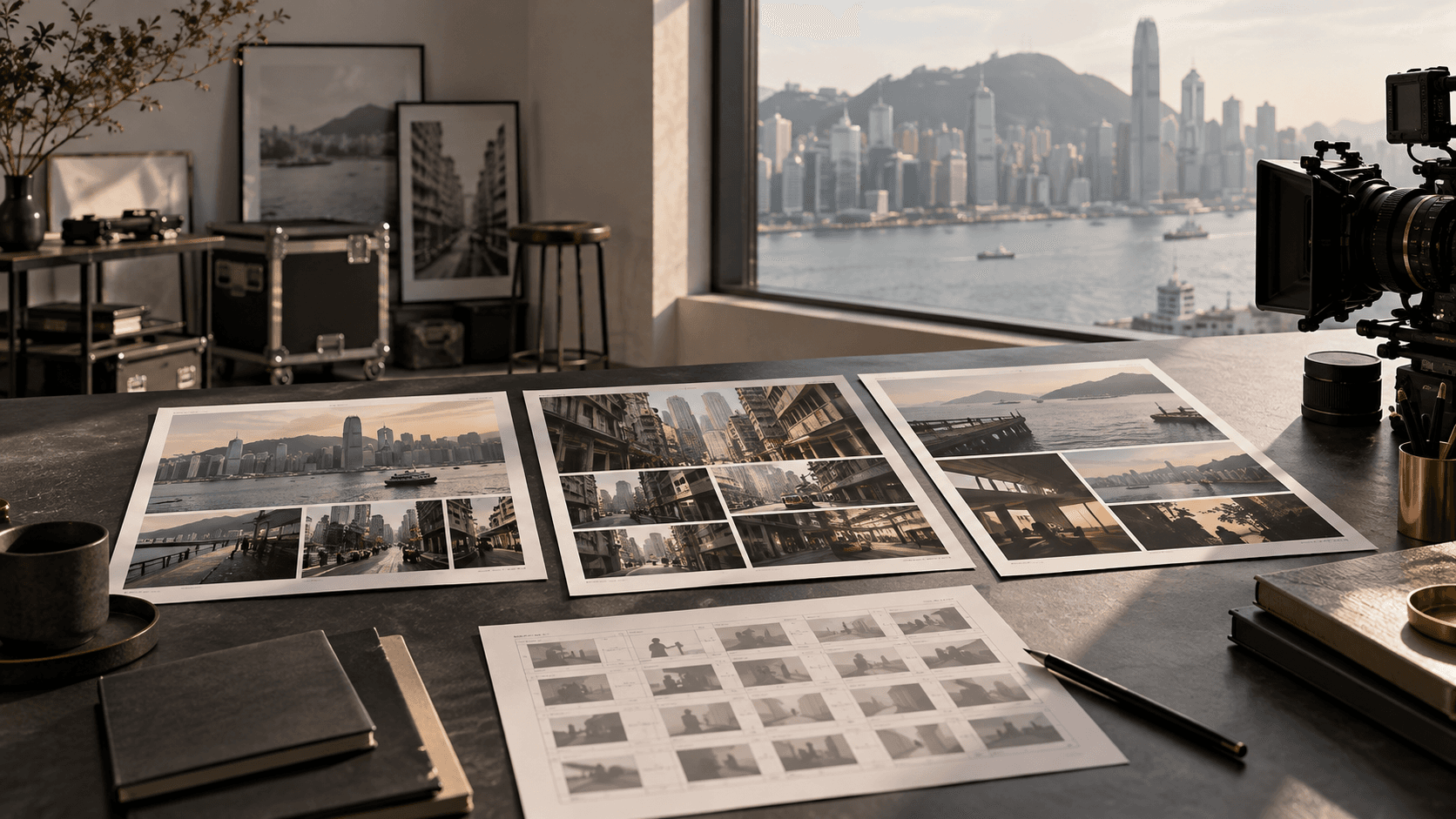 Illustrative production planning desk with location contact sheets, storyboard pages and a cinema camera overlooking Hong Kong.
