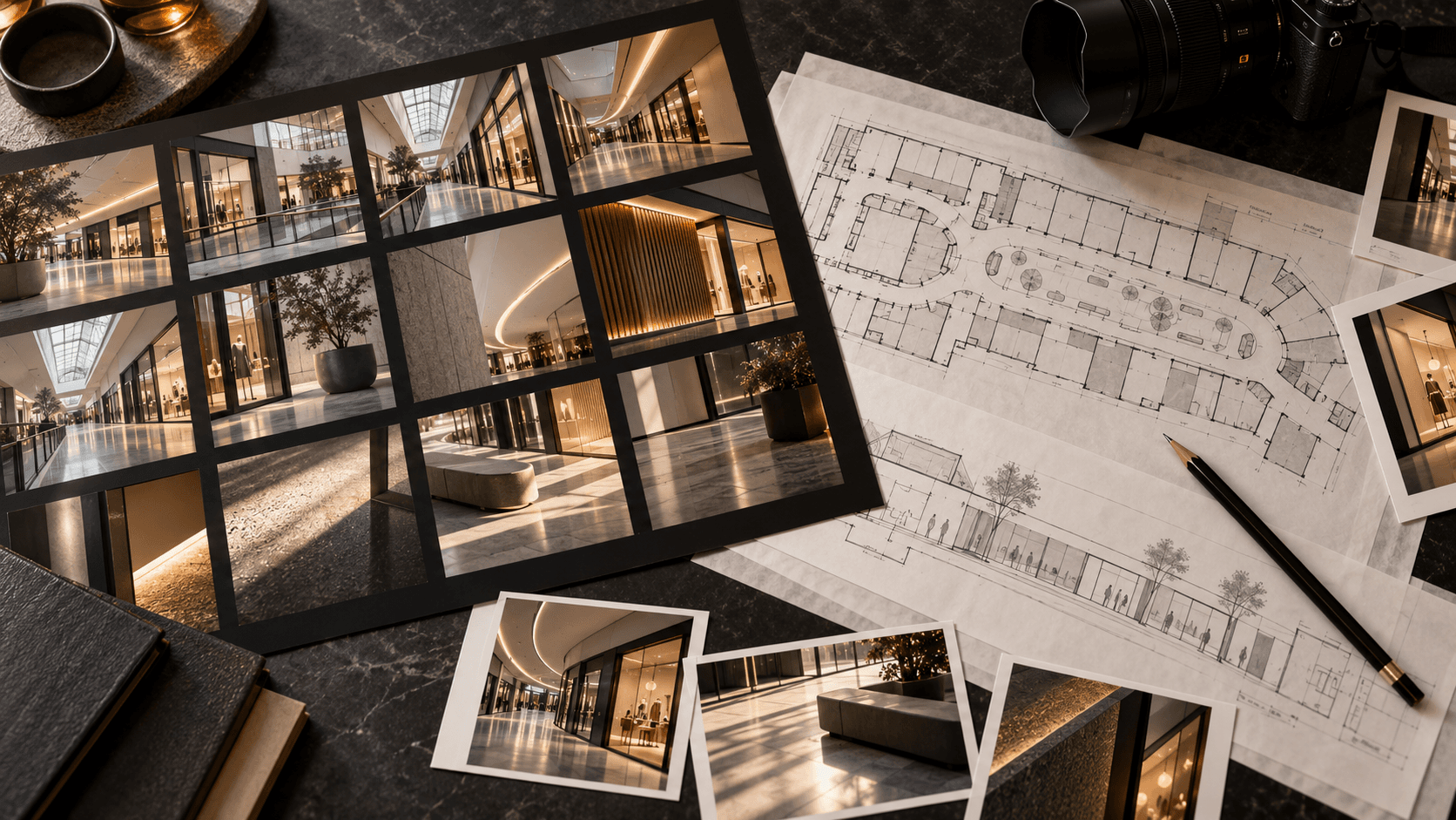Illustrative contact sheets of a generic retail interior beside an unlabeled floor plan and camera.