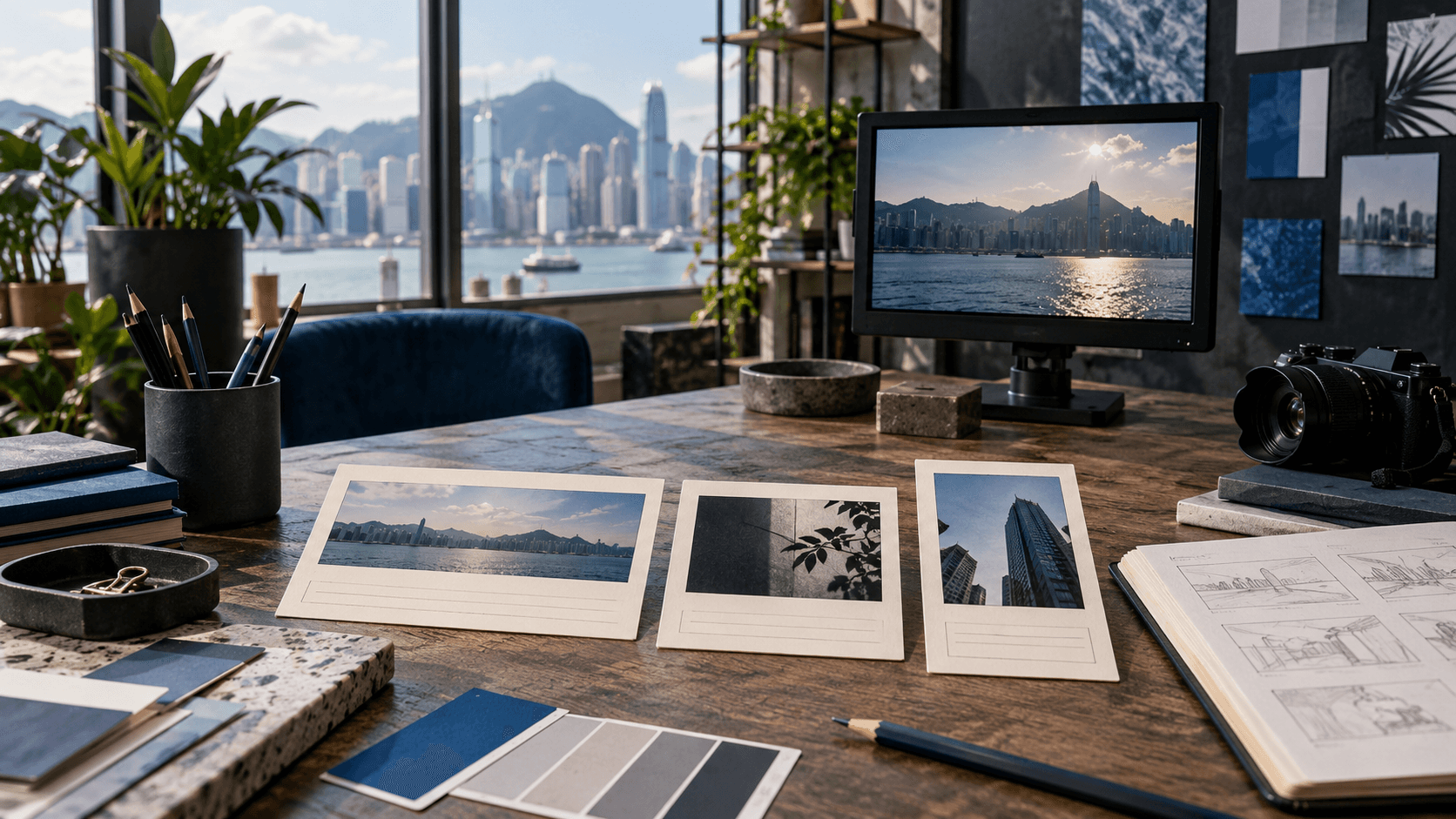 Illustrative creative desk with landscape, square and vertical storyboard frames beside a production monitor.